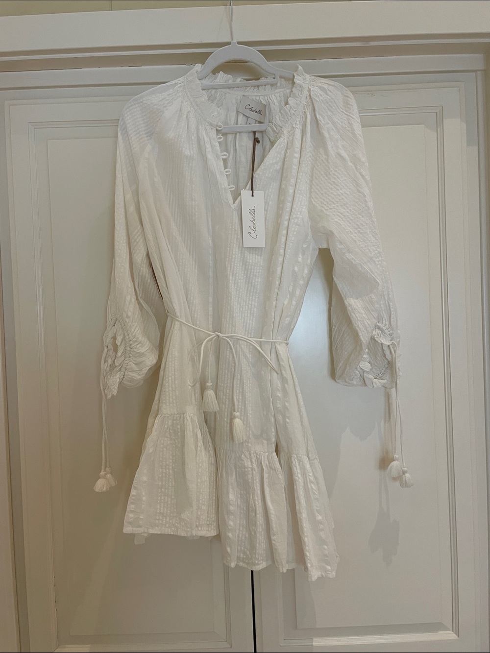 Cleobella White Textured Mini Dress with Tassel Tie